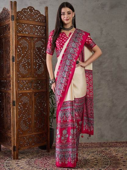 Cream & Red Crepe Silk Normal Drape Saree - Panaash Saree