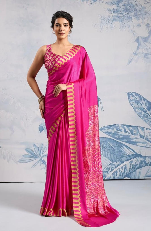 Plain Pink Readymade Crepe Silk Saree