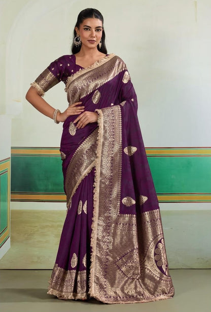 Wine purple Banarasi Silk Readymade/Easy Saree