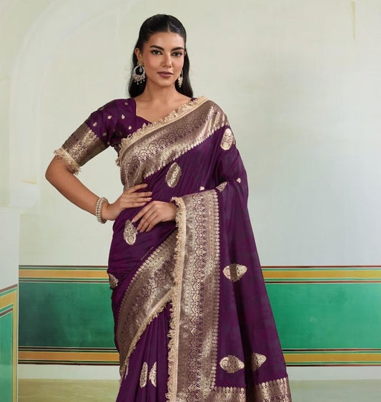 Wine purple Banarasi Silk Readymade/Easy Saree