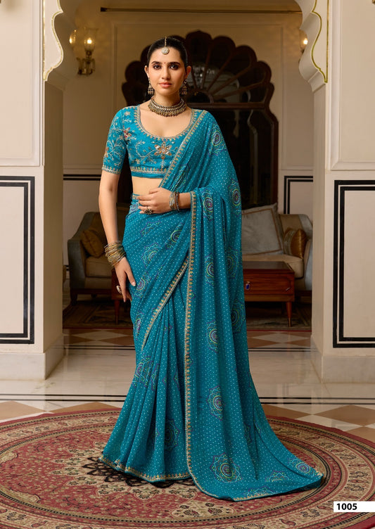 Turquoise Georgette Readymade/Easy Saree - Panaash Saree