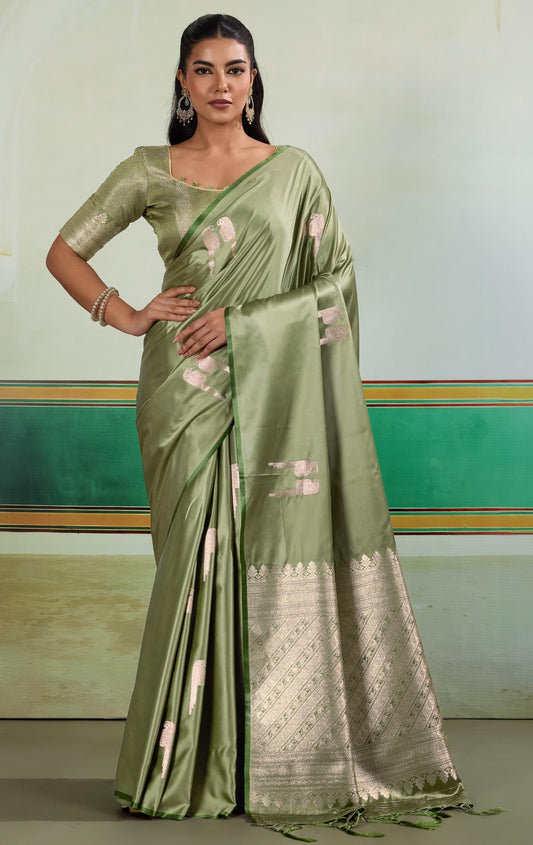 Pastel Green Satin Silk Readymade/Easy Saree