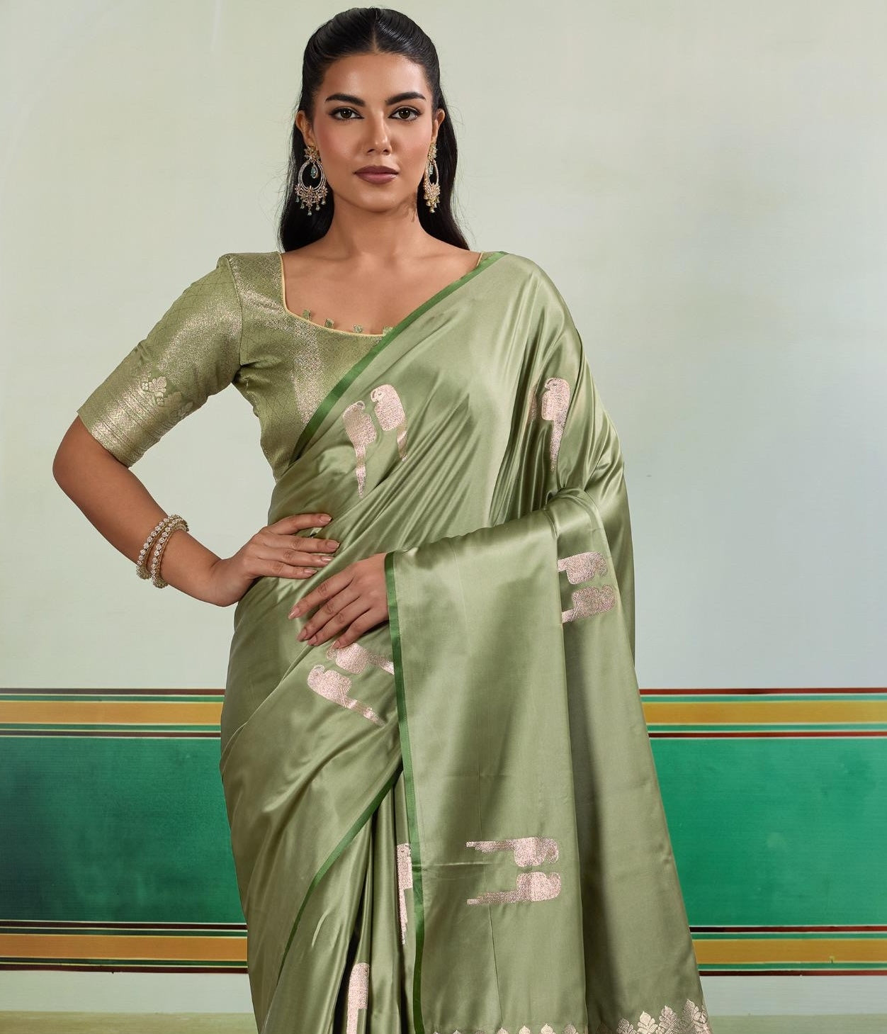 Pastel Green Satin Silk Readymade/Easy Saree