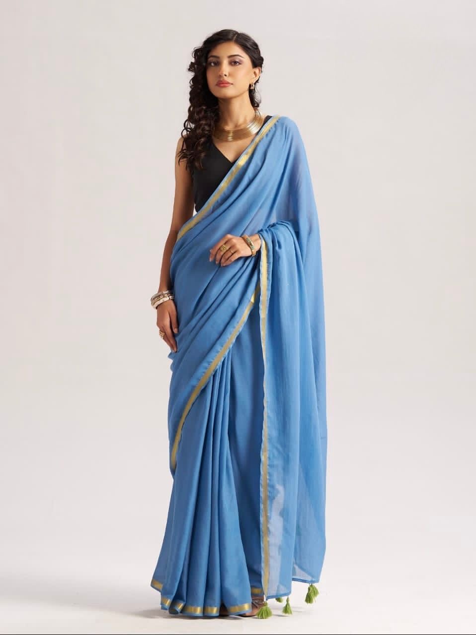 Sky Blue Mul Cotton Casual Ready To Wear/Easy Saree
