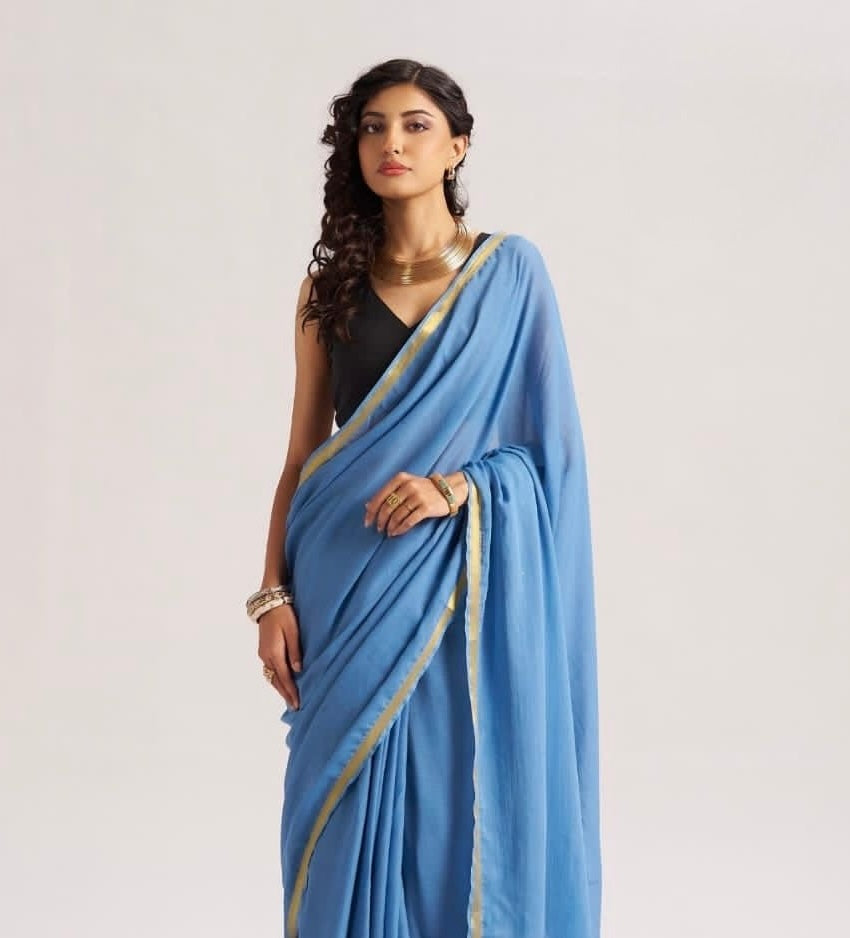Sky Blue Mul Cotton Casual Ready To Wear/Easy Saree