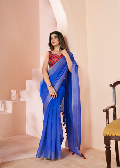 Blue Linen Easy/Readymade Saree