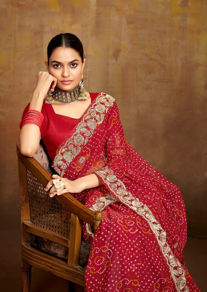 Red Georgette Readymade/Easy Saree