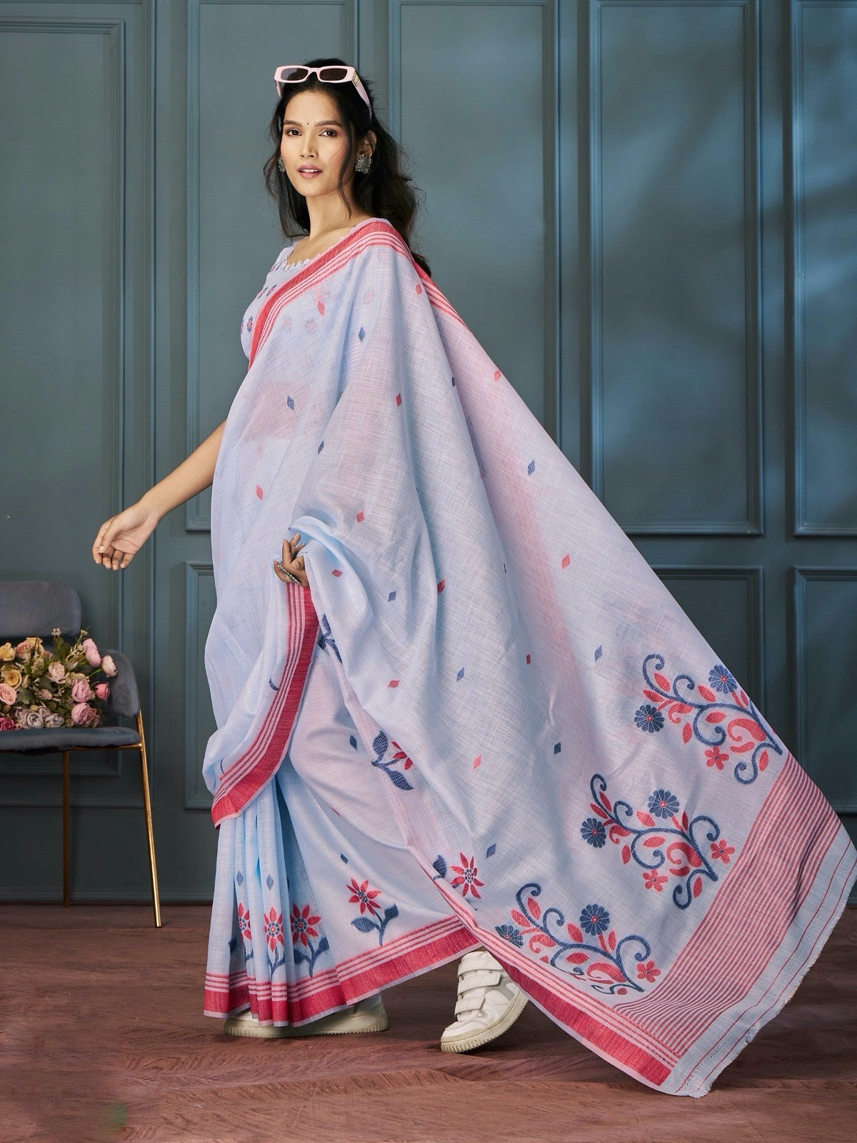 Powder Blue Color Resham Woven Cotton Office Wear Easy/Readymade Saree