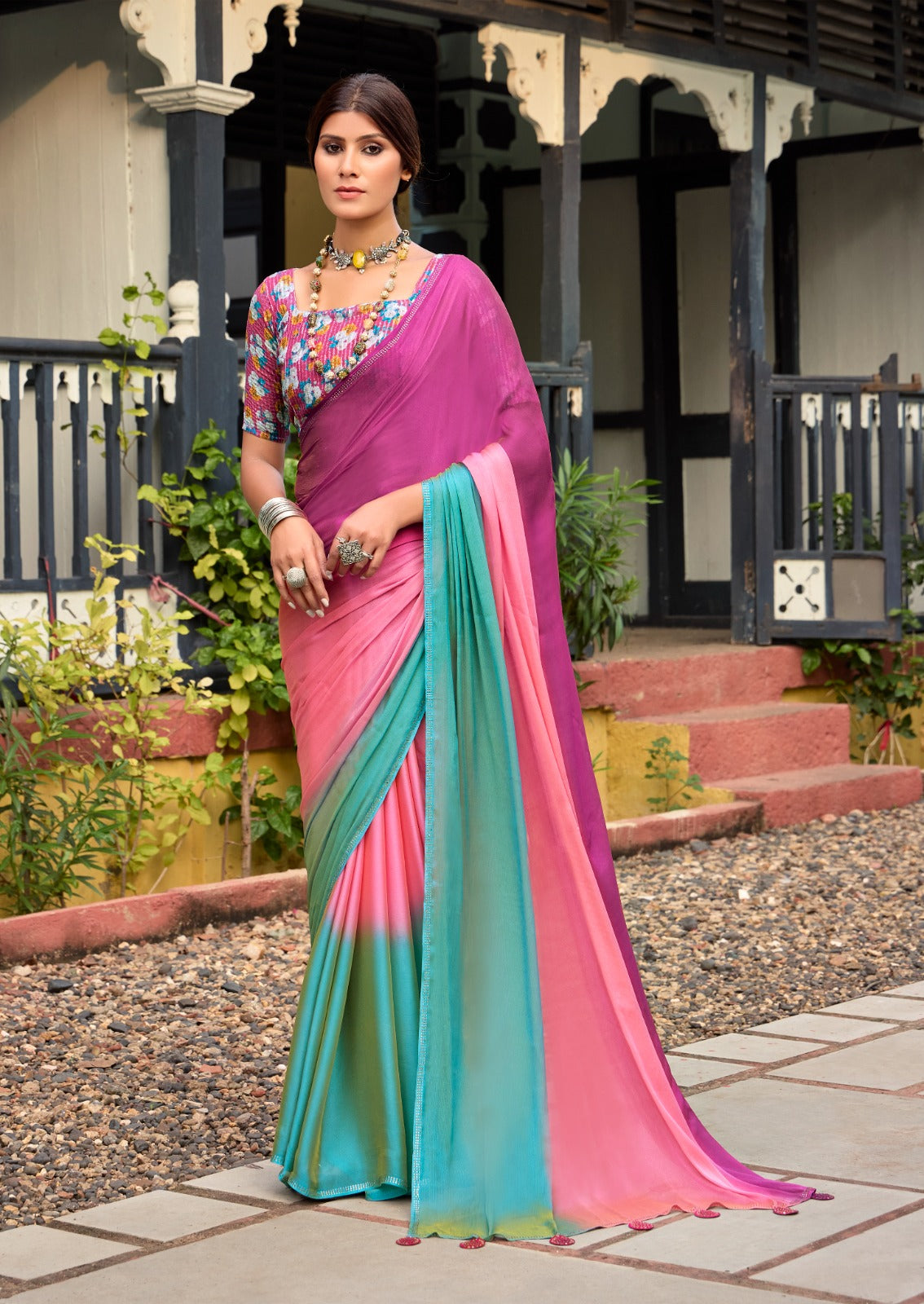 Pink Georgette Readymade Saree