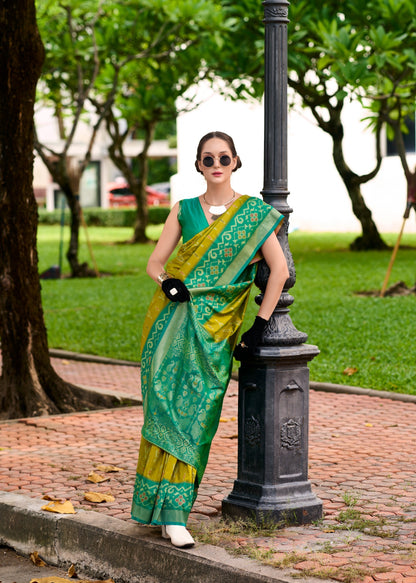 Mehendi Green Color Ikkat Silk Readymade/Easy Saree