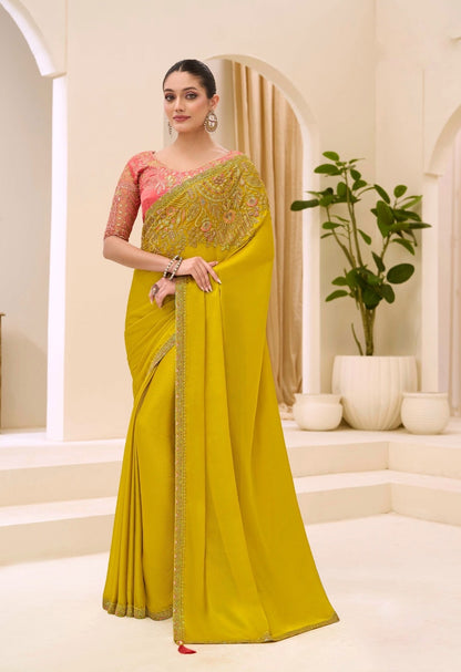 Mustard Yellow Cocktail Party Wear Readymade Saree