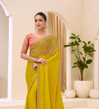 Mustard Yellow Cocktail Party Wear Readymade Saree