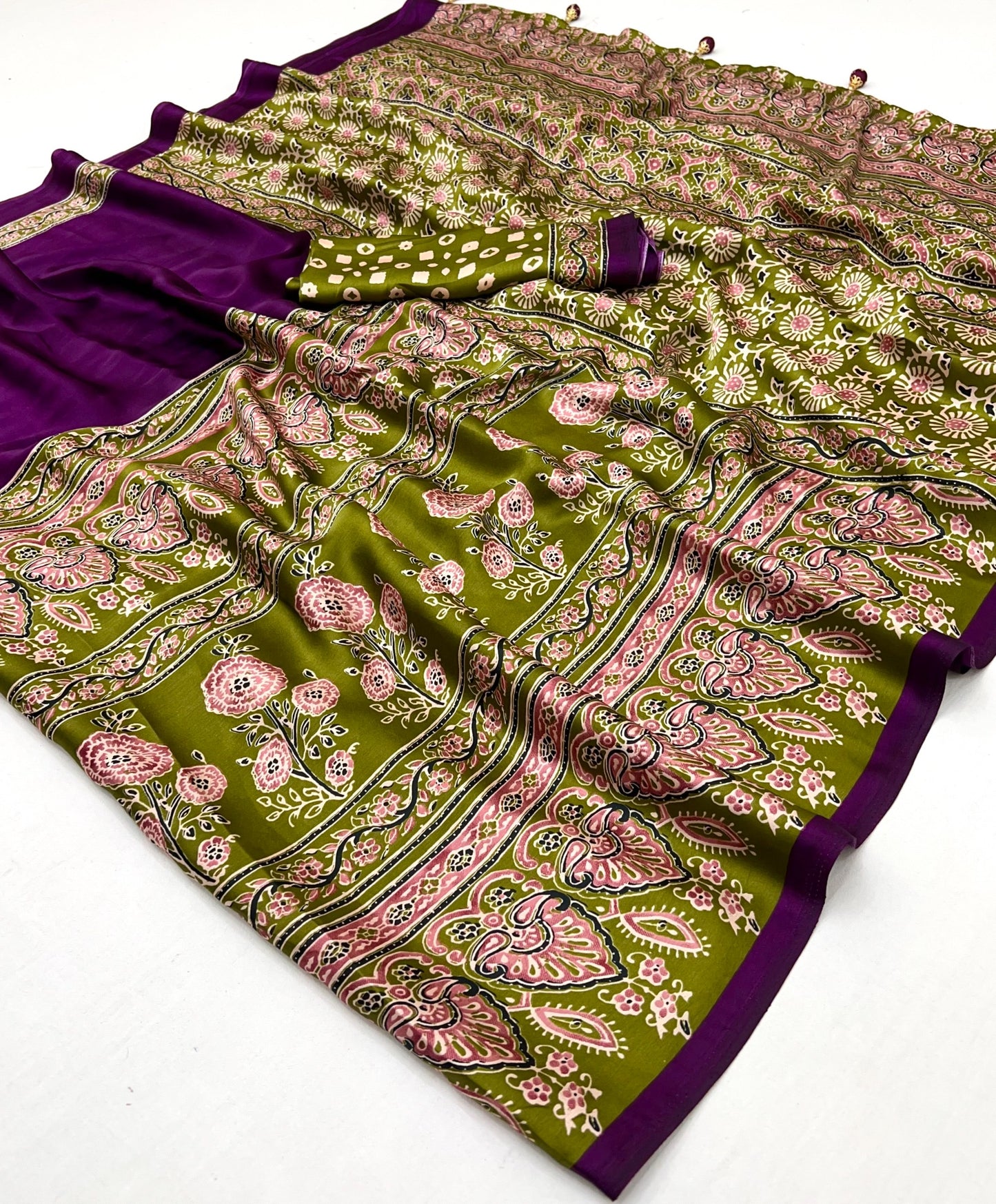 Purple & Olive Green Crepe Silk Readymade/Easy Saree
