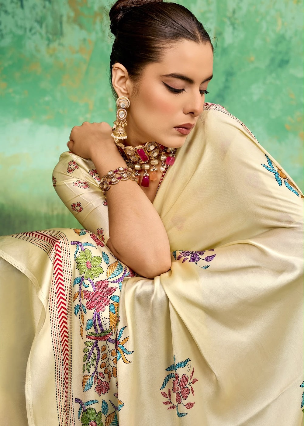 Ivory Modal Silk Ready To Wear/Easy Saree by StyleByPanaash