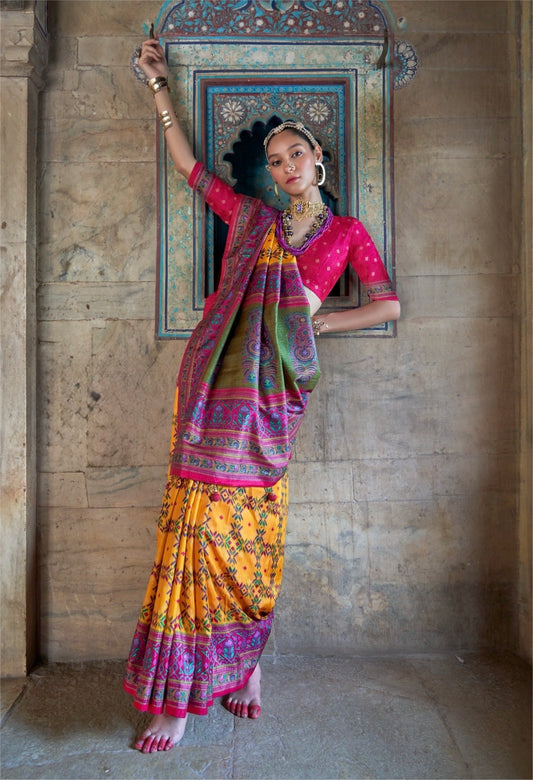 Yellow Patola Silk Readymade/Easy Saree