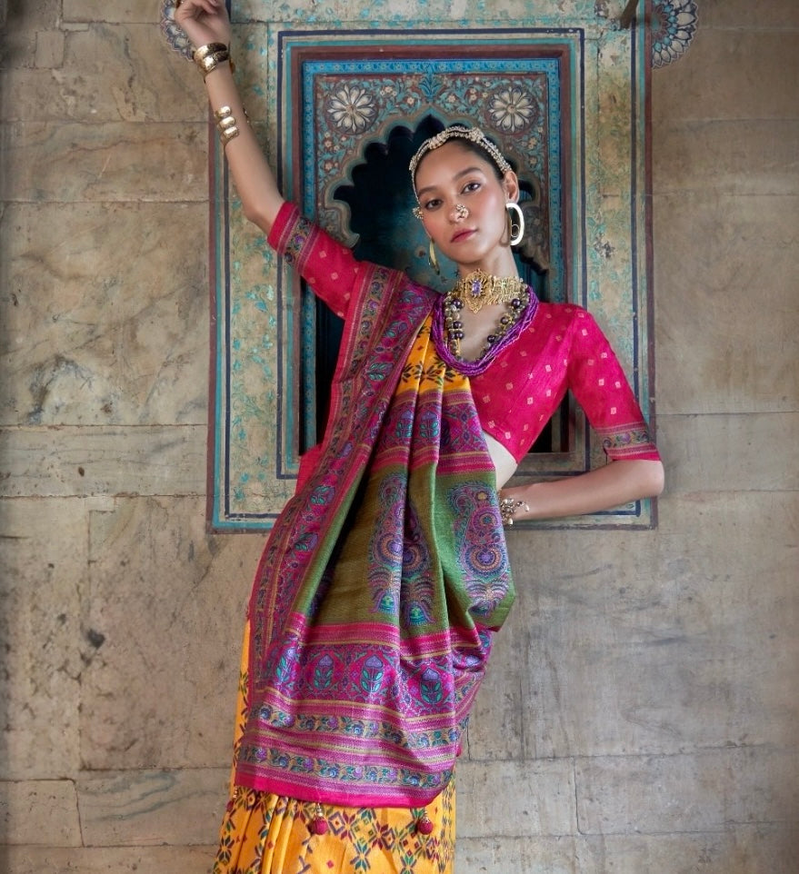 Yellow Patola Silk Readymade/Easy Saree