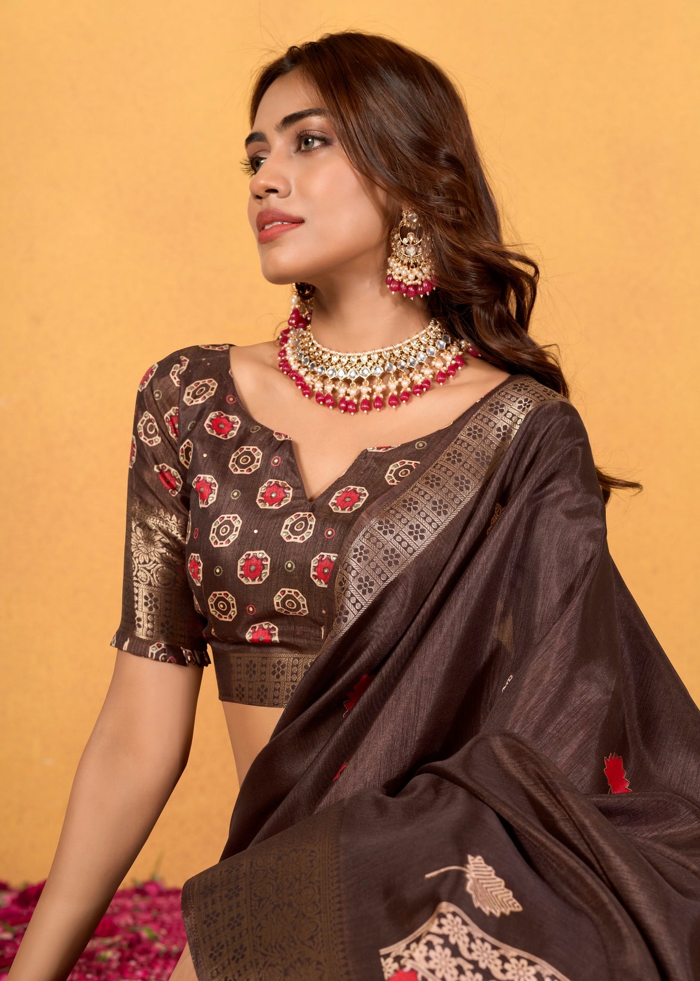 Chocolate Color Printed Soft Silk Readymade/Easy Saree