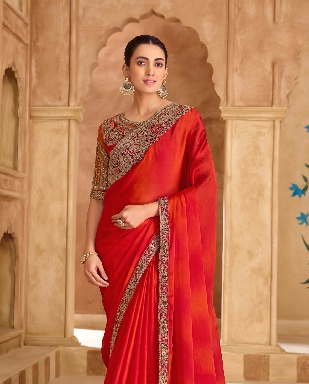 Red Cocktail Party Wear Readymade Saree