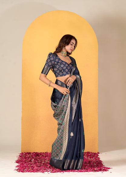 Navy Blue Color Printed Soft Silk Readymade/Easy Saree