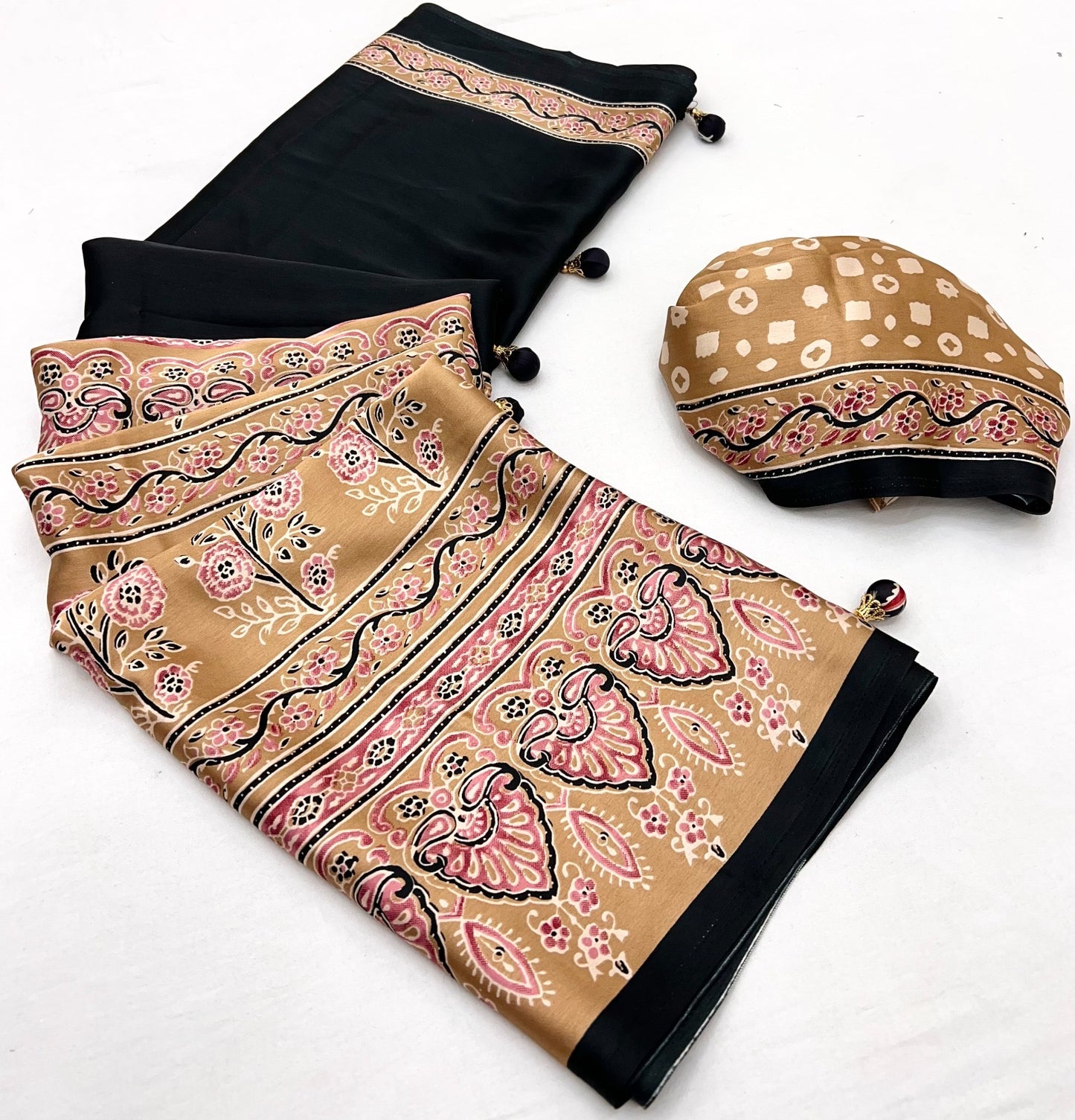 Black & Beige Crepe Silk Readymade/Easy Saree