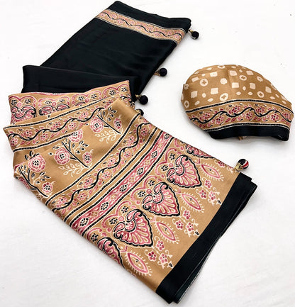 Black & Beige Crepe Silk Readymade/Easy Saree