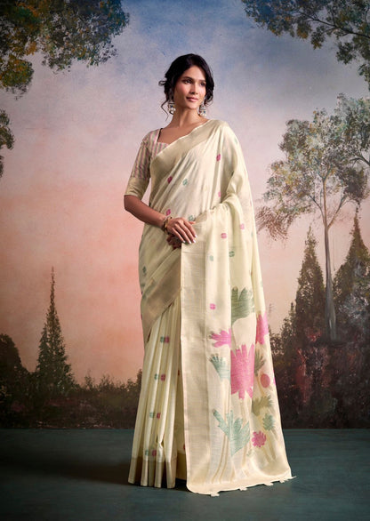 Off White Linen Office Wear Ready To Wear/Easy Saree - Panaash Saree