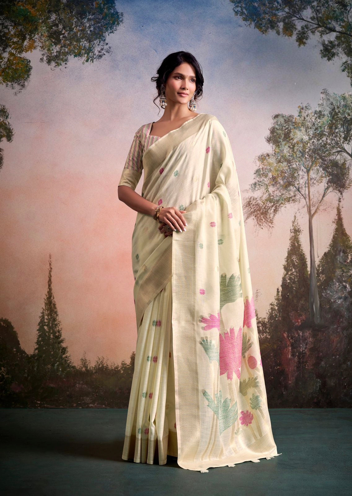 Off White Linen Normal Drape Saree - Panaash Saree