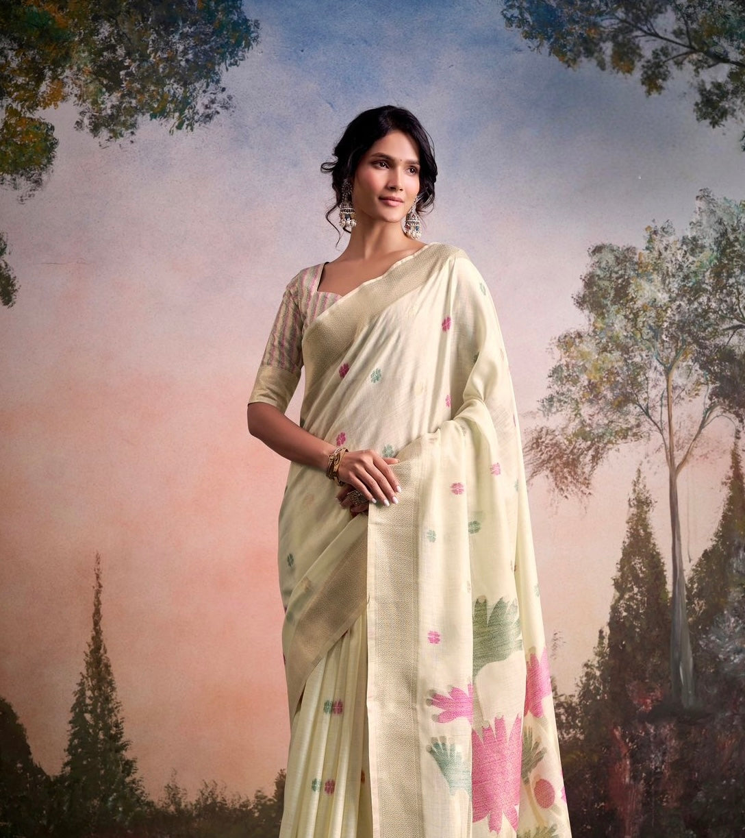 Off White Linen Normal Drape Saree - Panaash Saree