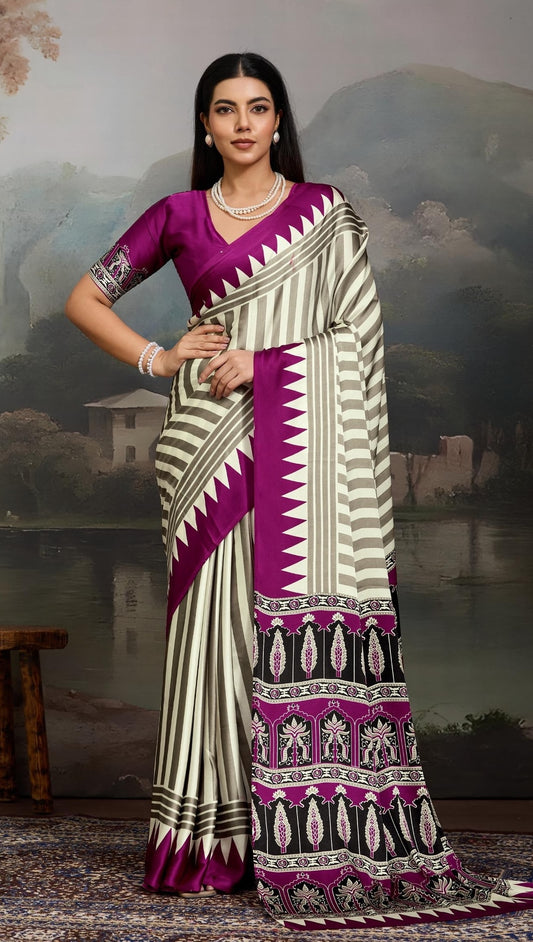 Magenta Stripe Crepe Silk Readymade/Easy Saree