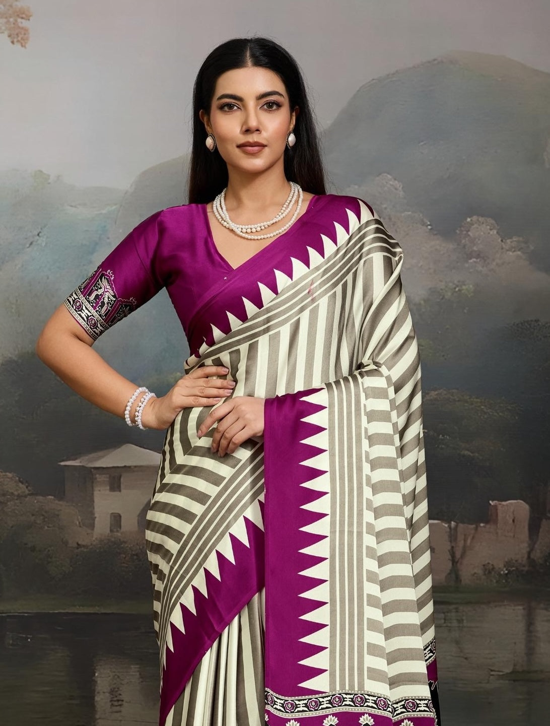 Magenta Stripe Crepe Silk Readymade/Easy Saree