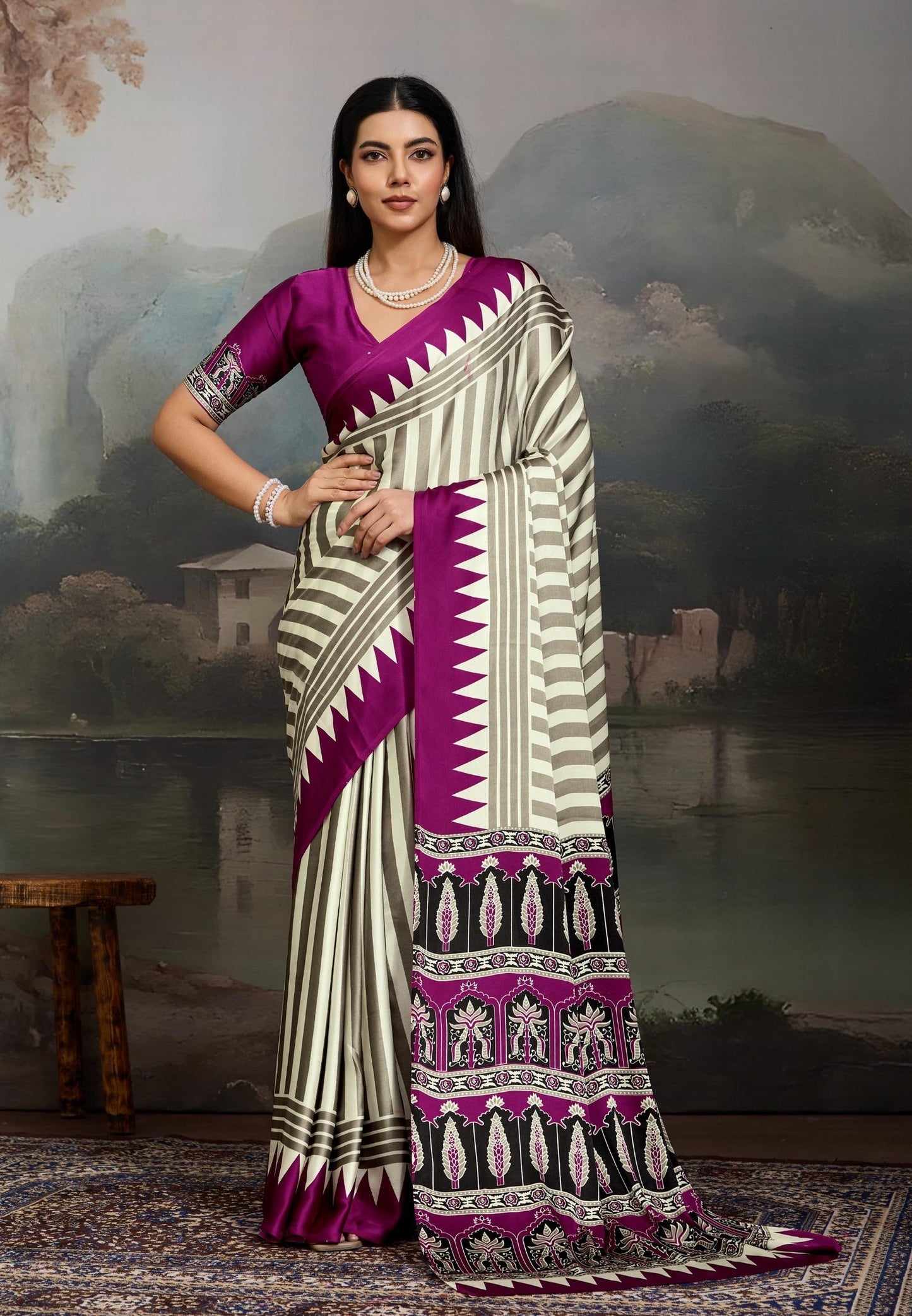 Magenta Stripe Crepe Silk Readymade/Easy Saree