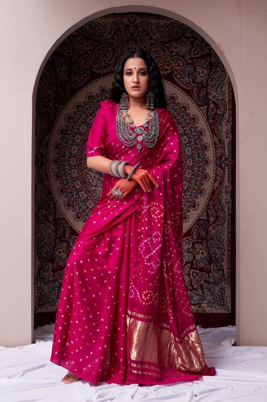 Pink Bandhani Ready To Wear/Easy Saree by Stylebypanaash