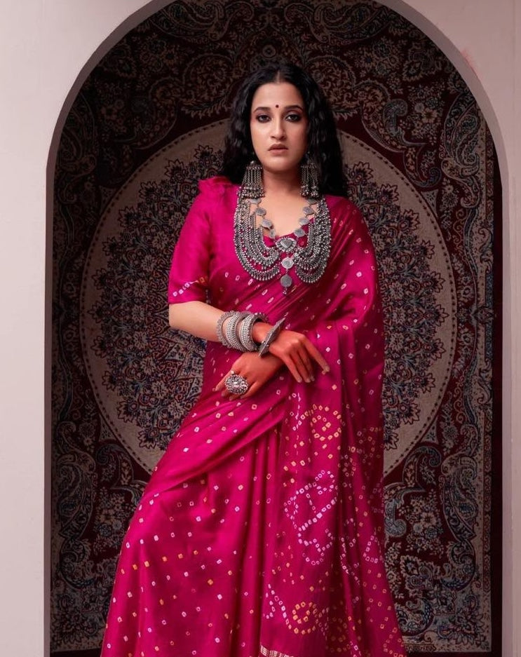 Pink Bandhani Ready To Wear/Easy Saree by Stylebypanaash