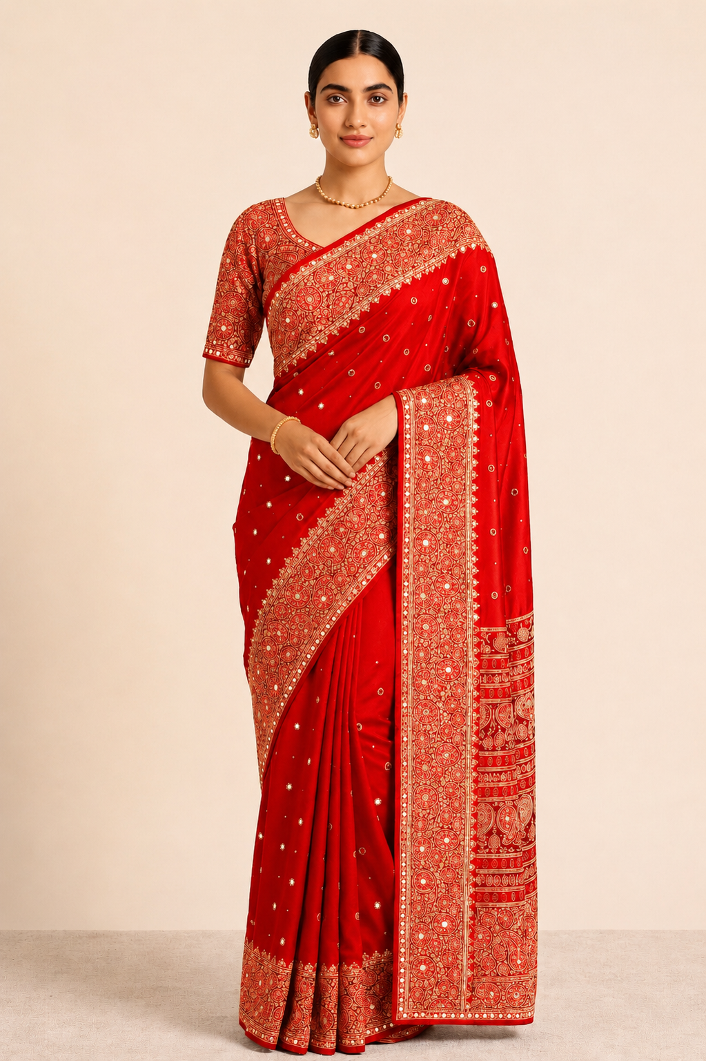 Red Mirror Ajrakh Crepe Ready To Wear/Easy Saree by Stylebypanaash 