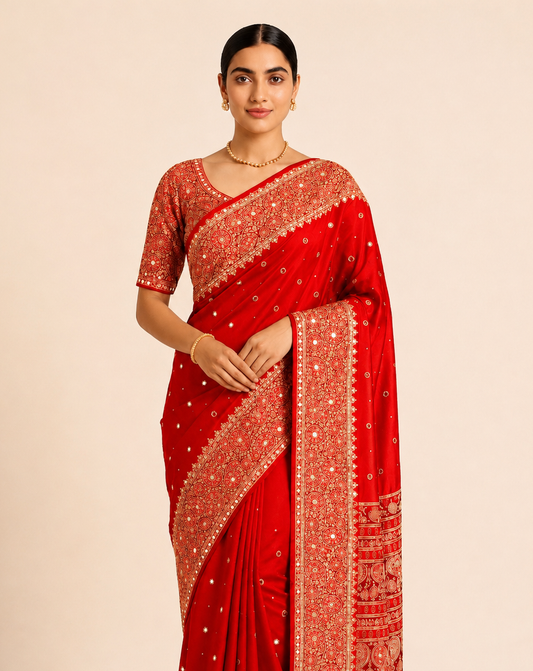 Red Mirror Ajrakh Crepe Ready To Wear/Easy Saree by Stylebypanaash 