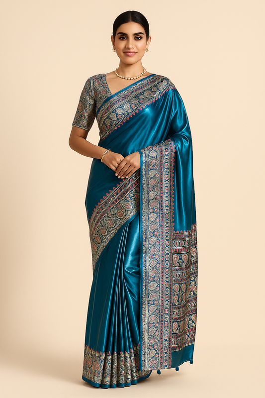 Turquoise Readymade Crepe Ajrakh Silk Saree