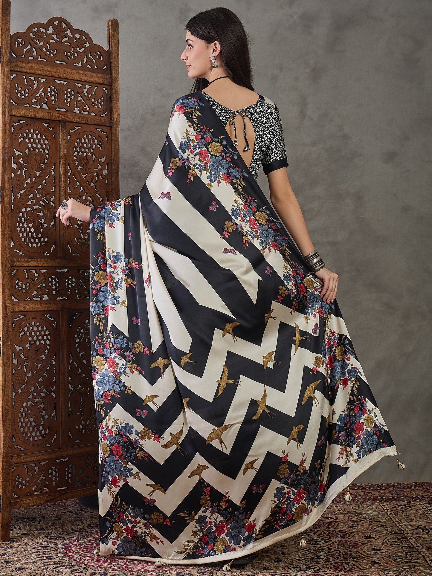 Black Readymade Crepe Silk Saree
