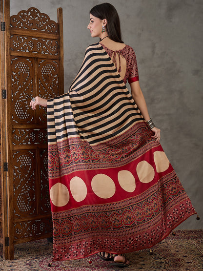 Black Stripe Readymade Crepe Silk Saree