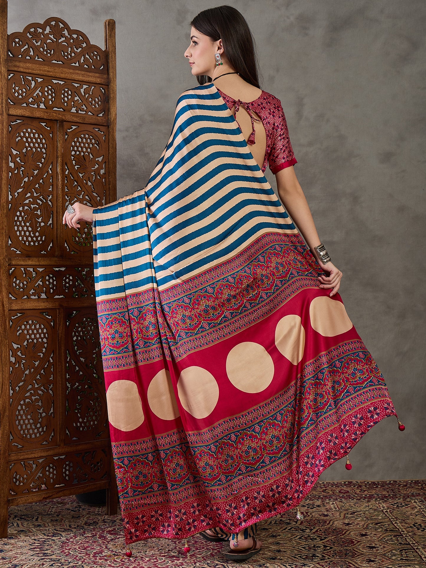 Blue Stripe Readymade Crepe Silk Saree