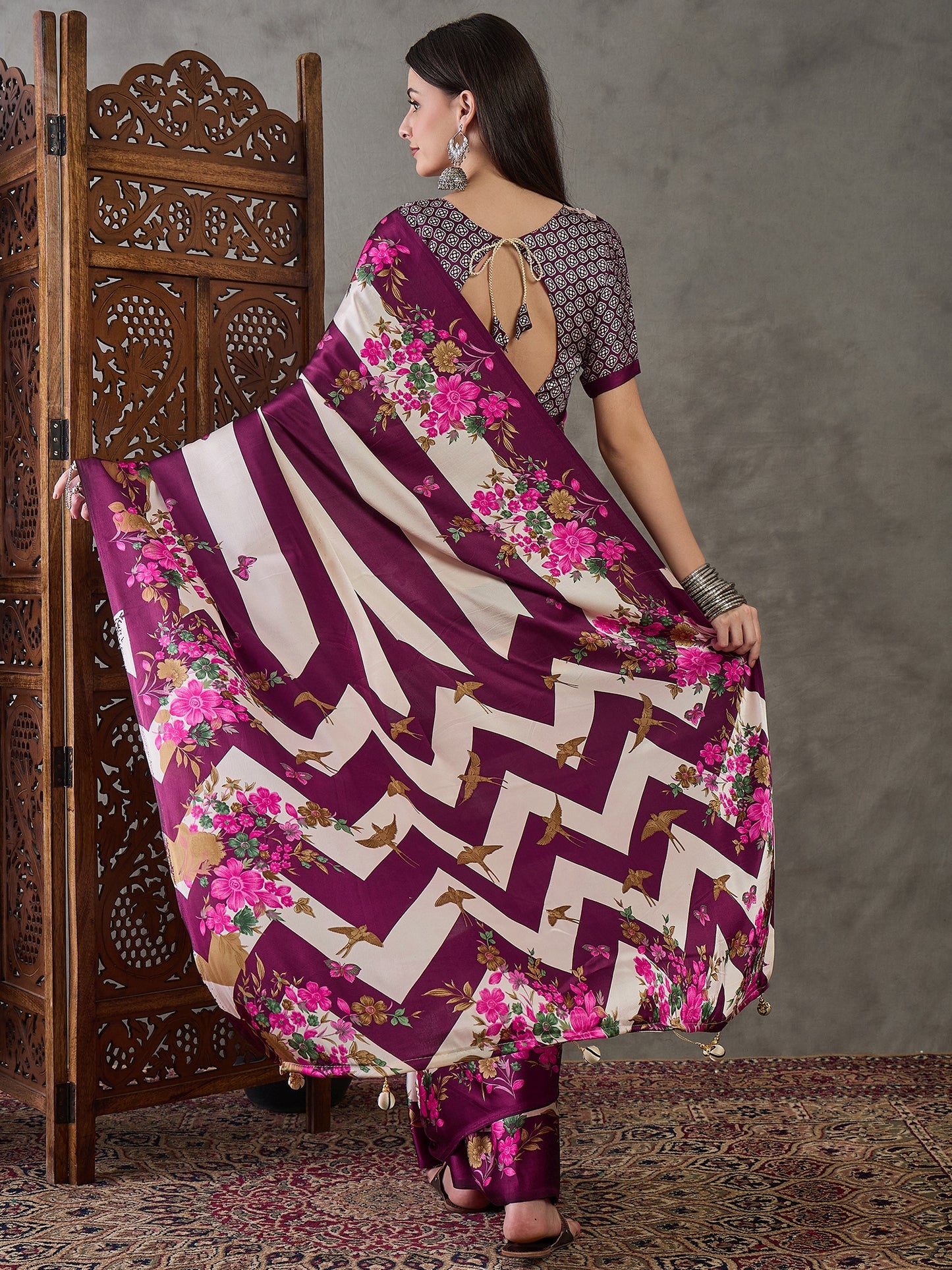 Magenta Readymade Crepe Silk Saree