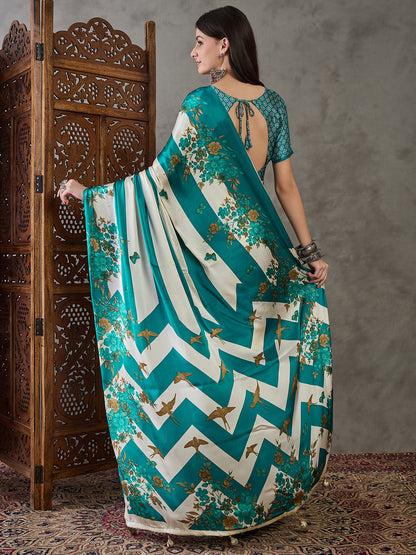 Turquoise Readymade Crepe Silk Saree