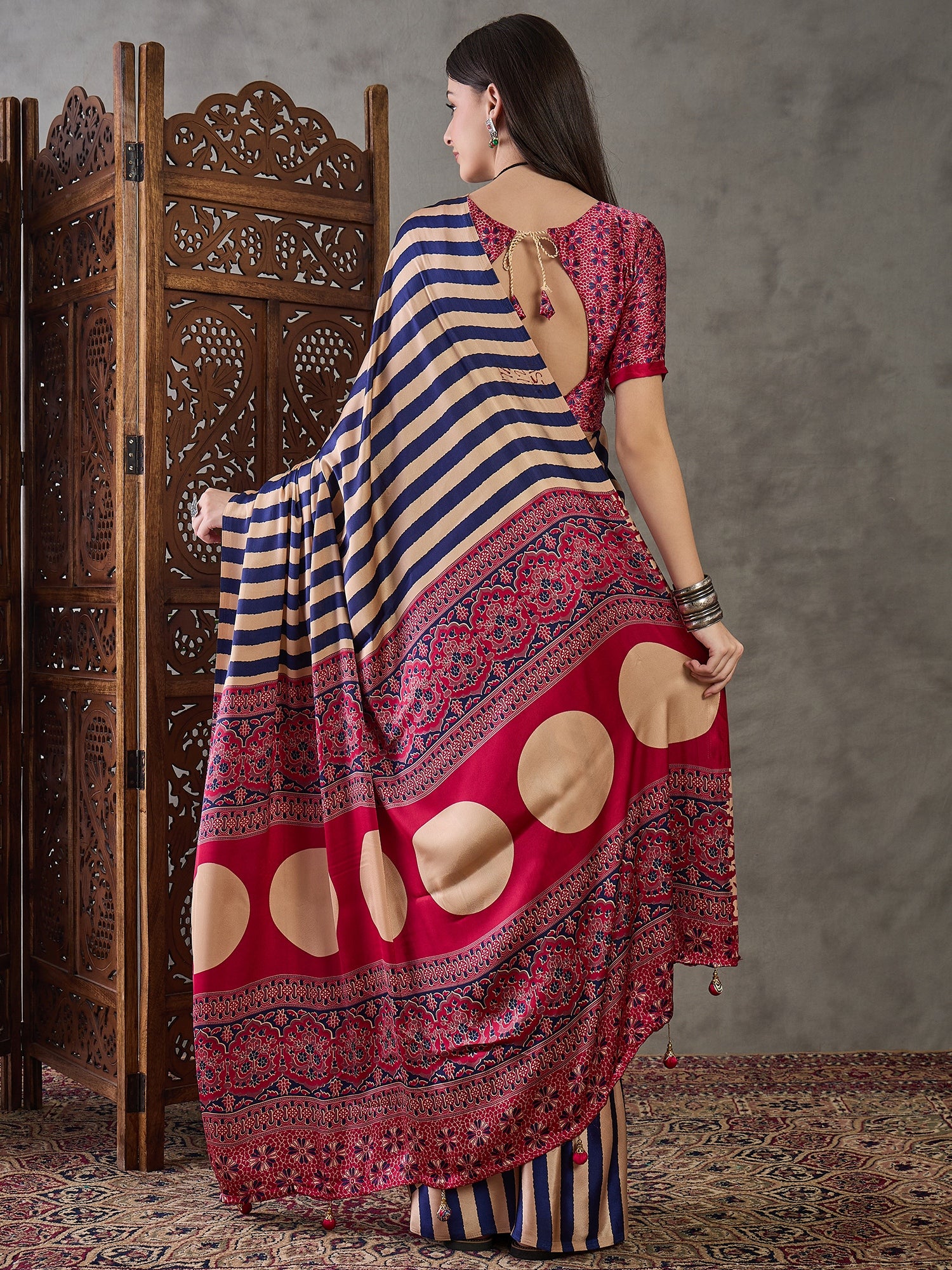 Blue Stripe Readymade Crepe Silk Saree - Panaash Saree