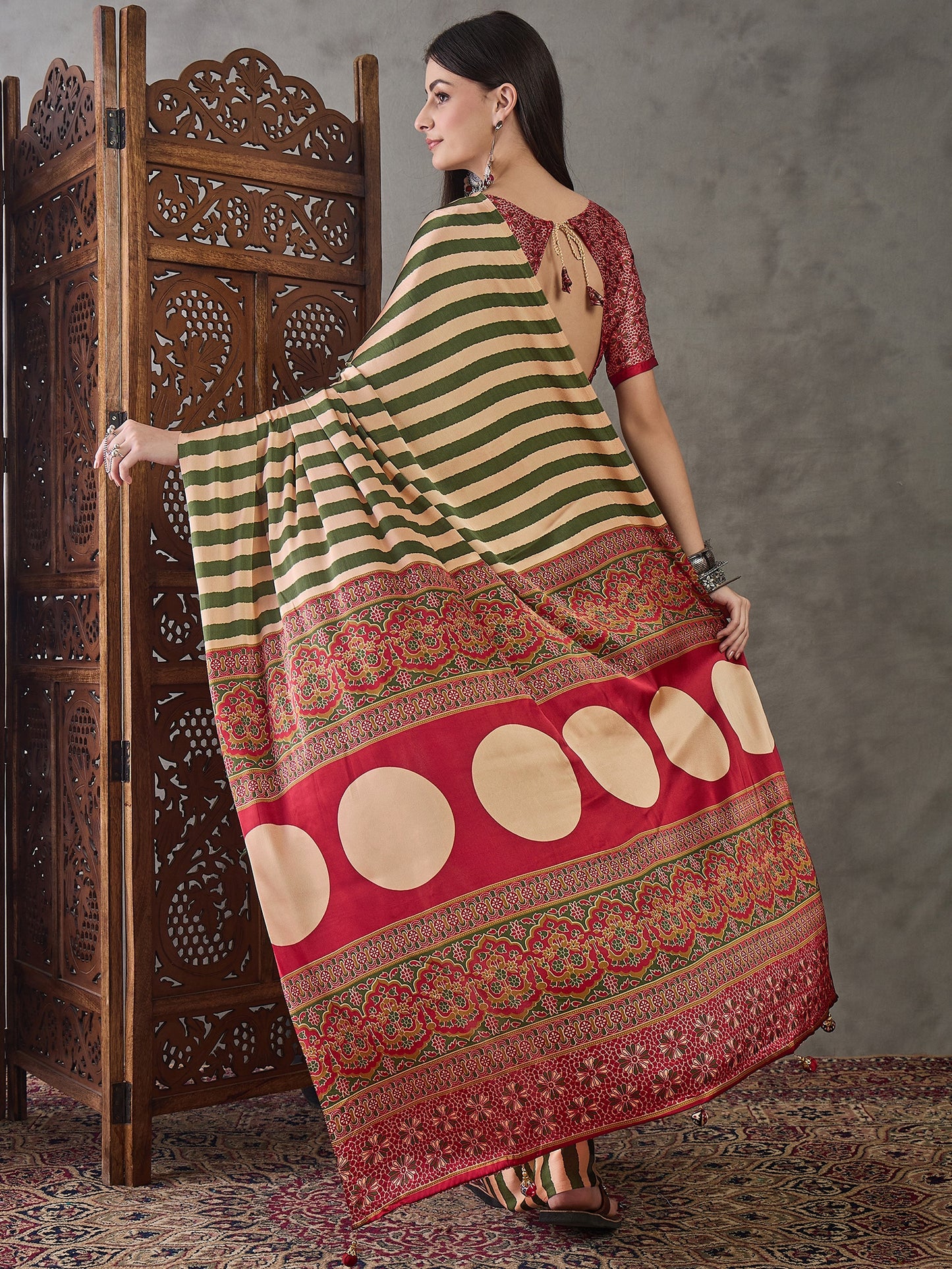 Green Stripe Readymade Crepe Silk Saree