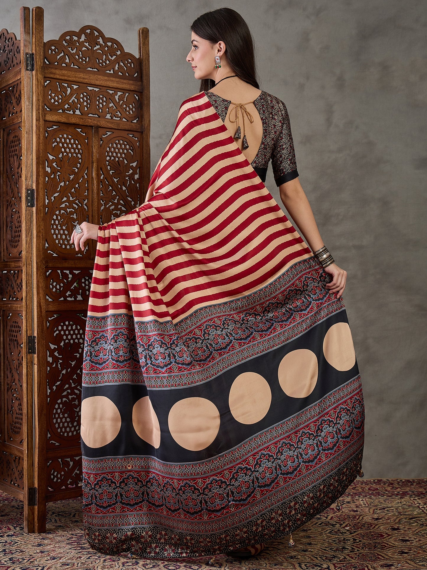Red Stripe Readymade Crepe Silk Saree