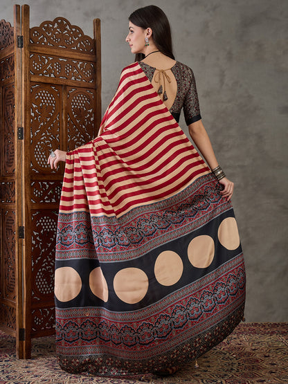 Red Stripe Readymade Crepe Silk Saree
