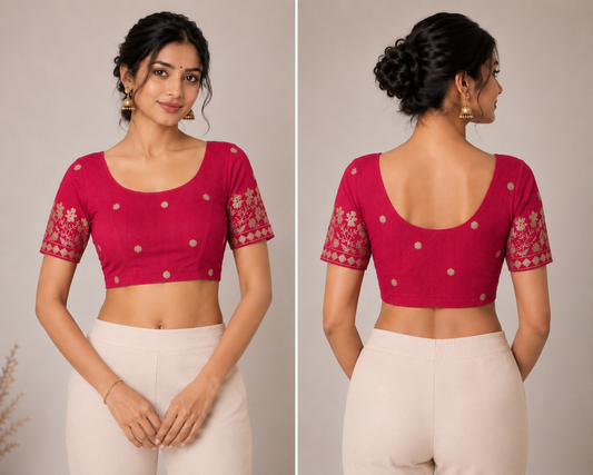 Pink short-sleeve blouse with floral butti pattern, round neck; front and back views