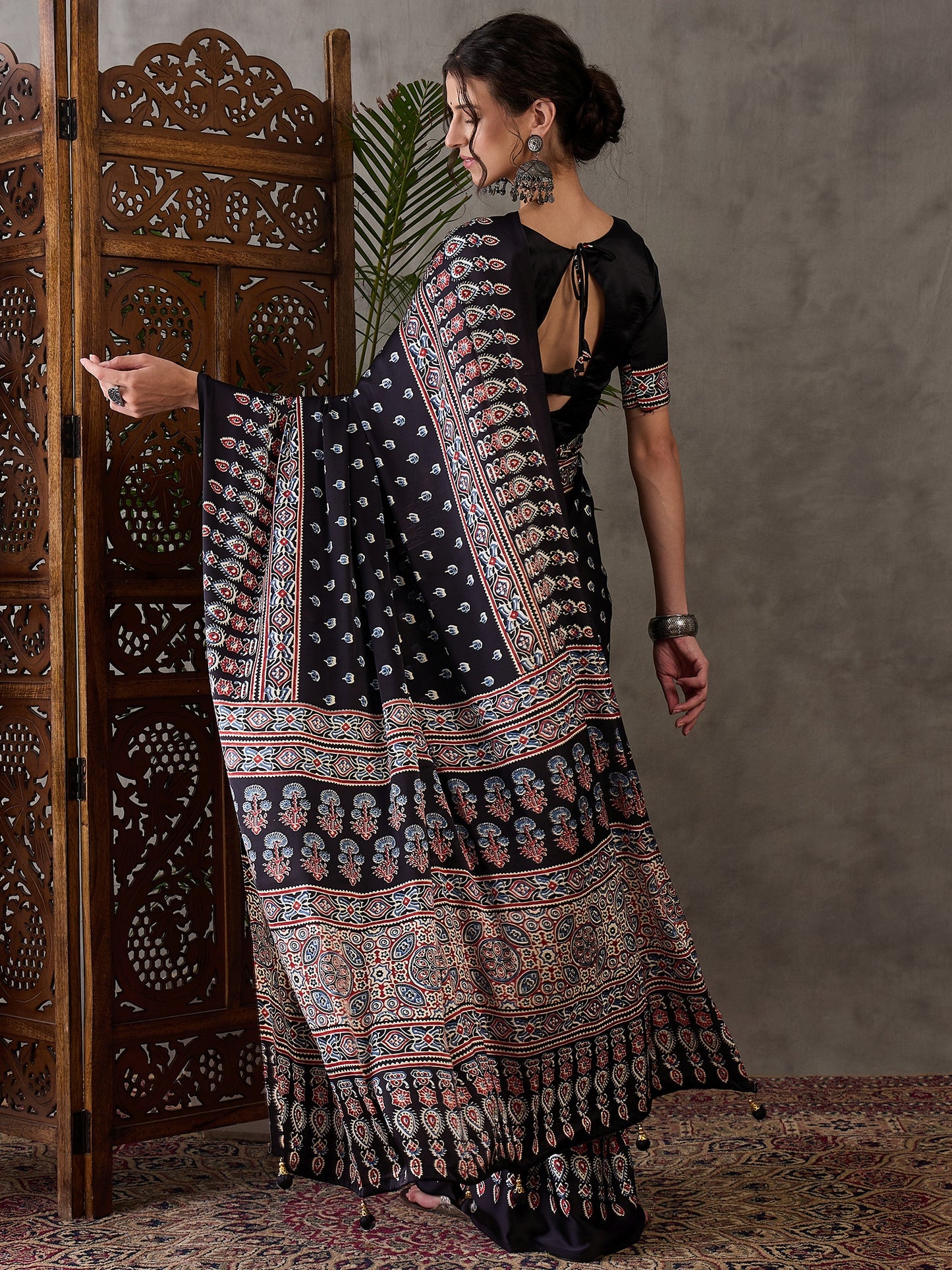 Black Readymade Crepe Silk Saree
