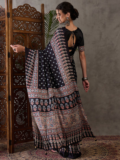 Black Readymade Crepe Silk Saree
