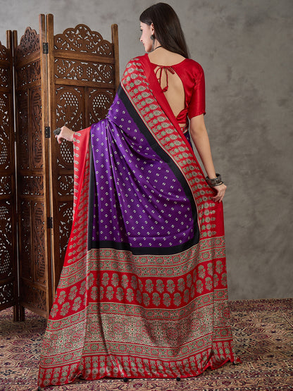 Purple & Red Readymade Crepe Silk Saree