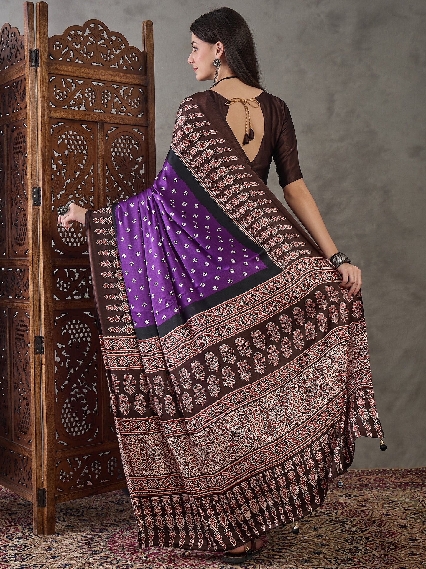 Purple & Brown Readymade Crepe Silk Saree
